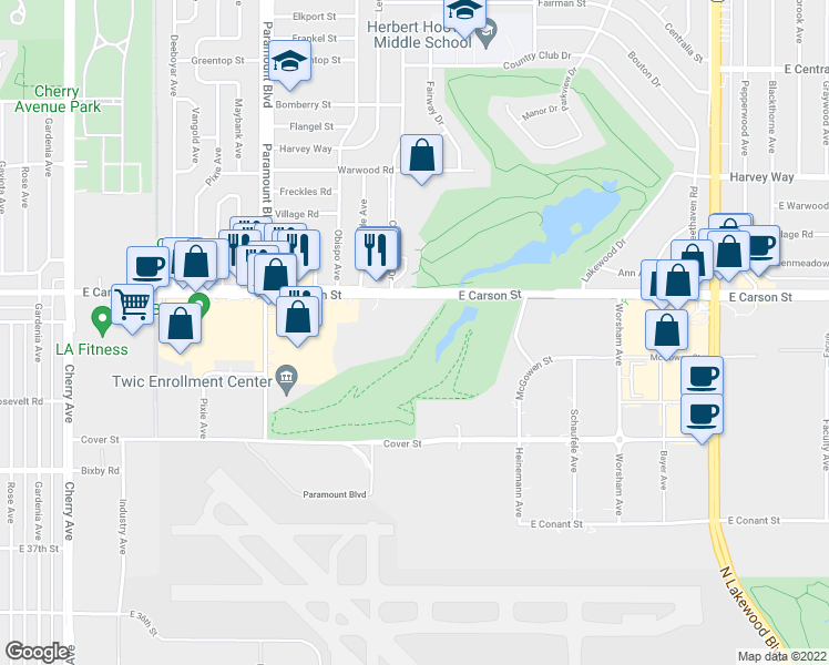 map of restaurants, bars, coffee shops, grocery stores, and more near 4010 Watson Plaza Drive in Lakewood