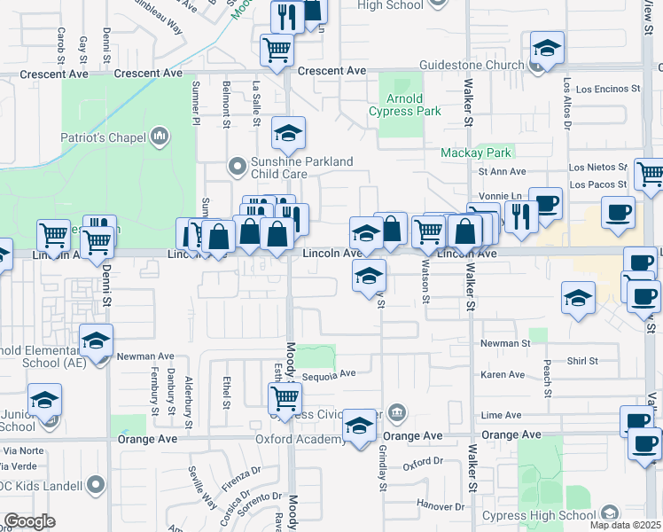 map of restaurants, bars, coffee shops, grocery stores, and more near 5120 Lincoln Avenue in Cypress