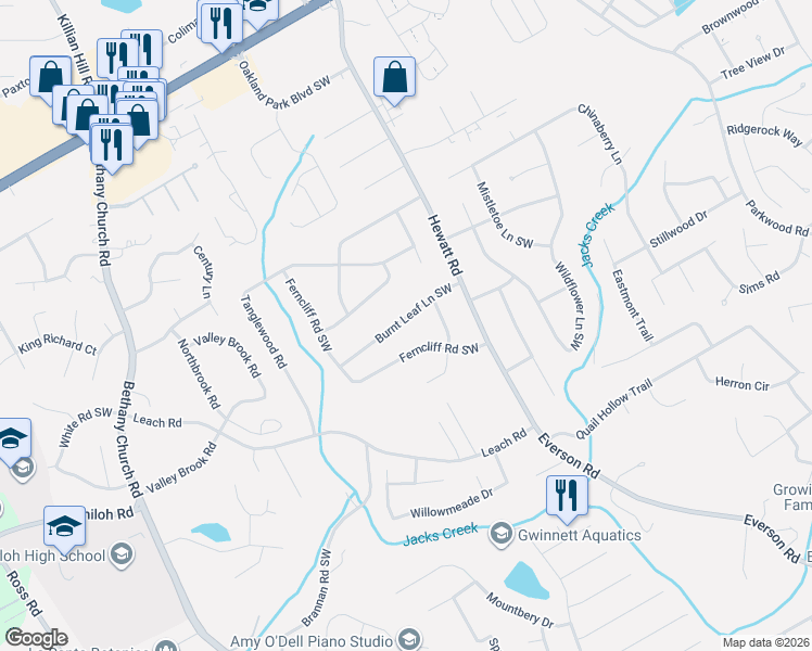 map of restaurants, bars, coffee shops, grocery stores, and more near 3818 Burnt Leaf Lane Southwest in Snellville