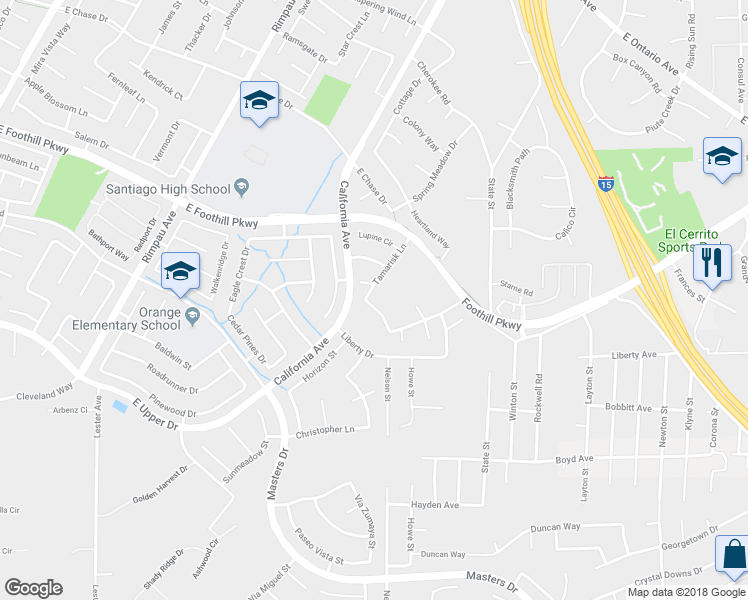 map of restaurants, bars, coffee shops, grocery stores, and more near 3247 Tamarisk Lane in Corona