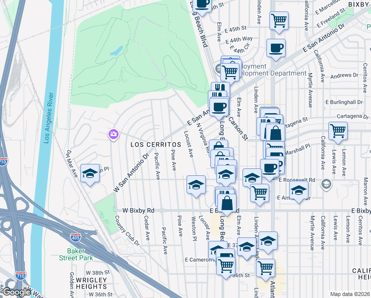 map of restaurants, bars, coffee shops, grocery stores, and more near 4049 Locust Avenue in Long Beach