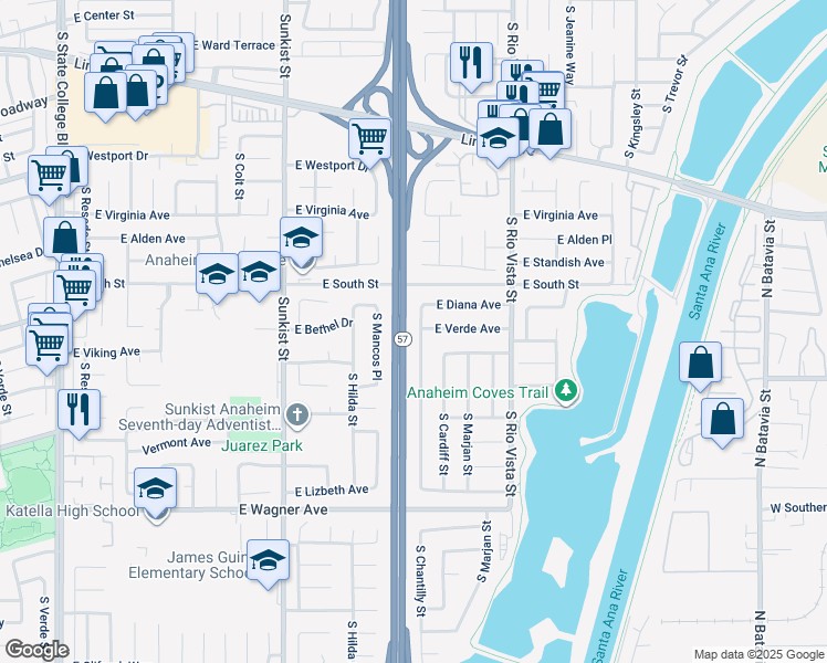 map of restaurants, bars, coffee shops, grocery stores, and more near 803 South Chantilly Street in Anaheim
