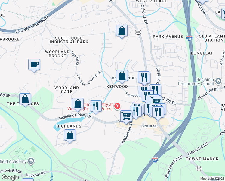 map of restaurants, bars, coffee shops, grocery stores, and more near 5111 Heather Road Southeast in Smyrna