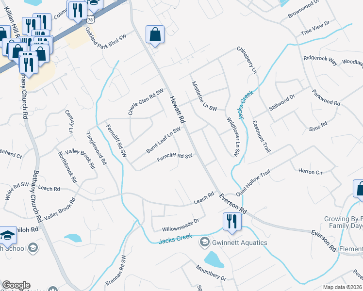map of restaurants, bars, coffee shops, grocery stores, and more near 2544 Holly Berry Trail Southwest in Snellville