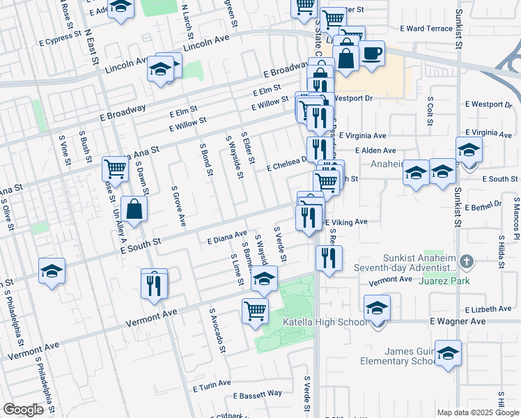 map of restaurants, bars, coffee shops, grocery stores, and more near 725 South Elder Street in Anaheim