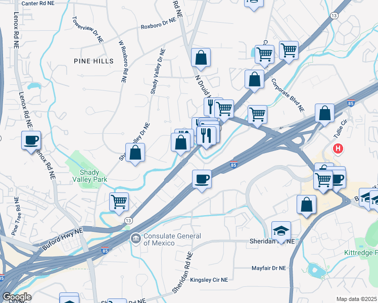 map of restaurants, bars, coffee shops, grocery stores, and more near 2814 Georgia 13 in Atlanta