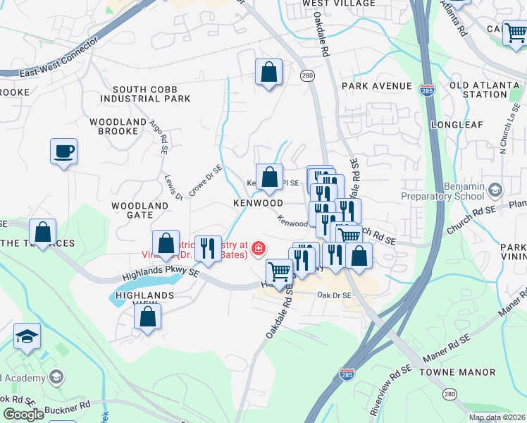 map of restaurants, bars, coffee shops, grocery stores, and more near 1968 Kenwood Road Southeast in Smyrna
