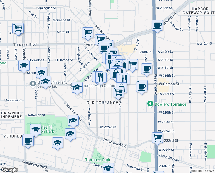 map of restaurants, bars, coffee shops, grocery stores, and more near 1716 Andreo Avenue in Torrance