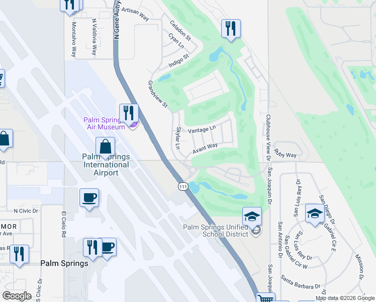 map of restaurants, bars, coffee shops, grocery stores, and more near 4321 Avant Way in Palm Springs