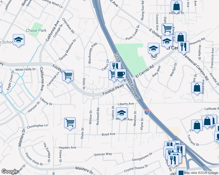 map of restaurants, bars, coffee shops, grocery stores, and more near 2899 Menorca Circle in Corona