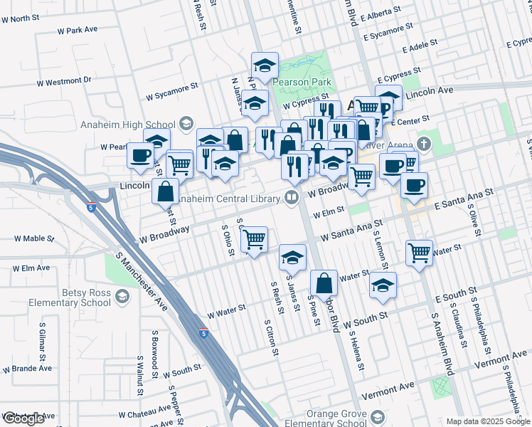 map of restaurants, bars, coffee shops, grocery stores, and more near 610 West Broadway in Anaheim