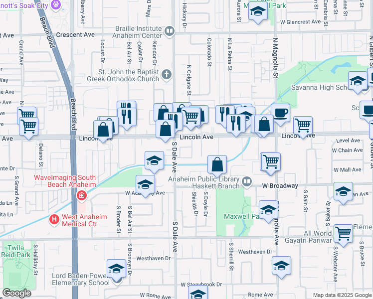 map of restaurants, bars, coffee shops, grocery stores, and more near 2770 West Lincoln Avenue in Anaheim