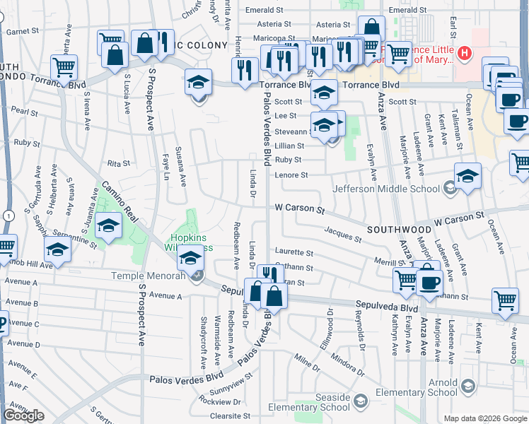 map of restaurants, bars, coffee shops, grocery stores, and more near 21729 Palos Verdes Boulevard in Torrance