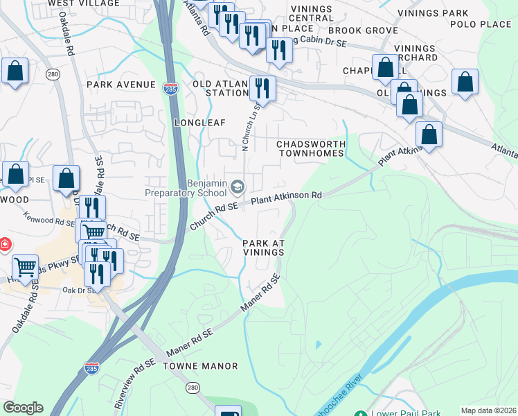 map of restaurants, bars, coffee shops, grocery stores, and more near 5036 Bright Hampton Drive Southeast in Atlanta