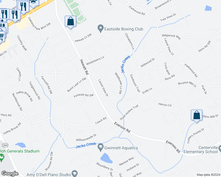 map of restaurants, bars, coffee shops, grocery stores, and more near 2645 Wildflower Lane Southwest in Snellville