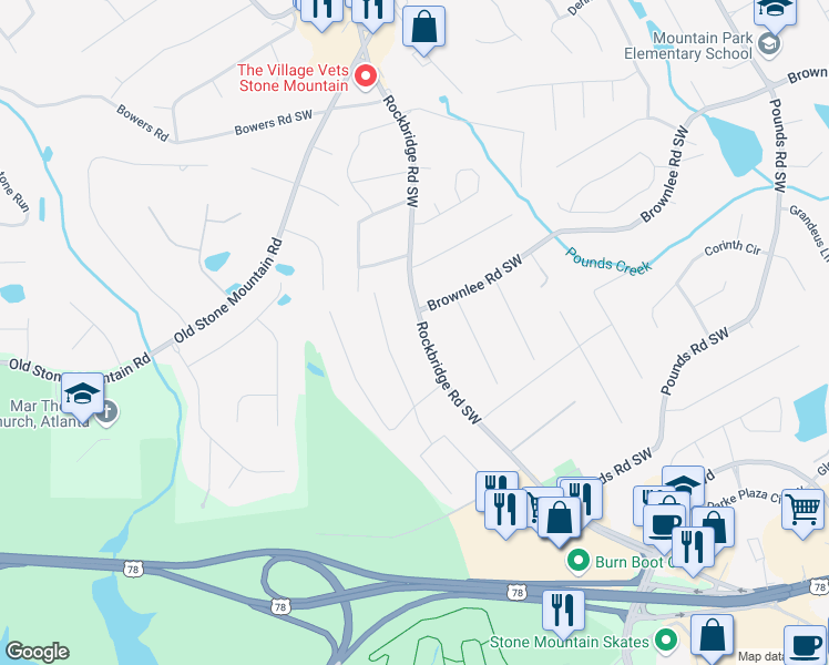map of restaurants, bars, coffee shops, grocery stores, and more near 1563 Rockbridge Road Southwest in Stone Mountain