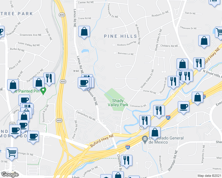 map of restaurants, bars, coffee shops, grocery stores, and more near 1073 Judith Way Northeast in Atlanta