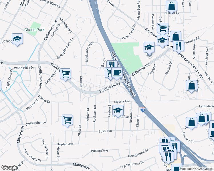 map of restaurants, bars, coffee shops, grocery stores, and more near 2895 Menorca Circle in Corona