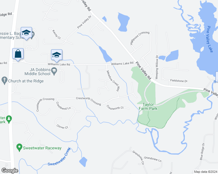 map of restaurants, bars, coffee shops, grocery stores, and more near 65 Creston Court in Powder Springs