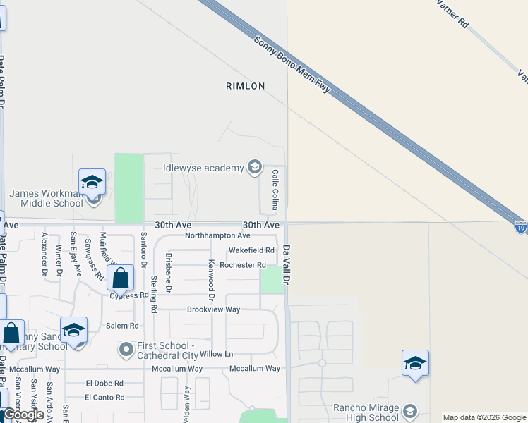 map of restaurants, bars, coffee shops, grocery stores, and more near 29896 Calle Tampico in Cathedral City