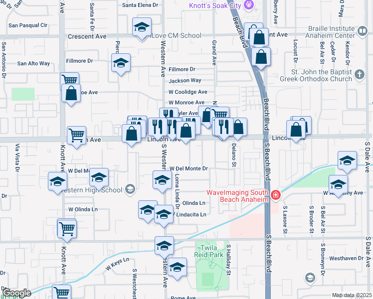 map of restaurants, bars, coffee shops, grocery stores, and more near 128 South Topanga Drive in Anaheim