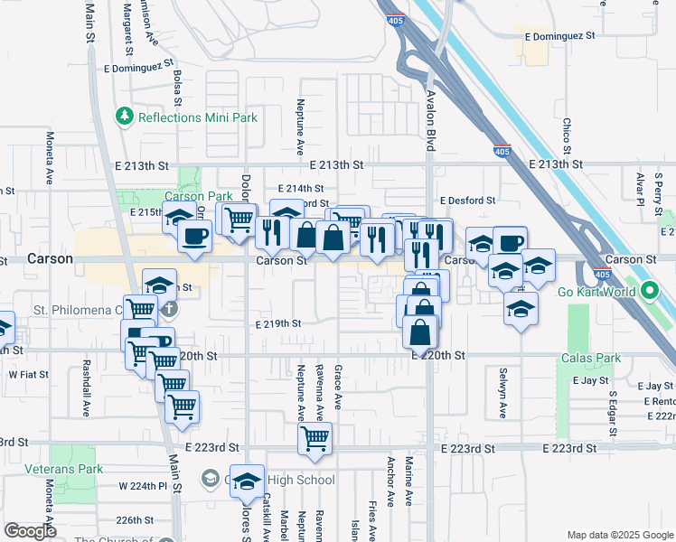 map of restaurants, bars, coffee shops, grocery stores, and more near 21730 Grace Avenue in Carson