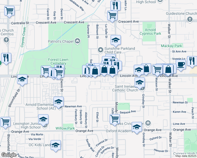 map of restaurants, bars, coffee shops, grocery stores, and more near 4772 Lincoln Avenue in Cypress