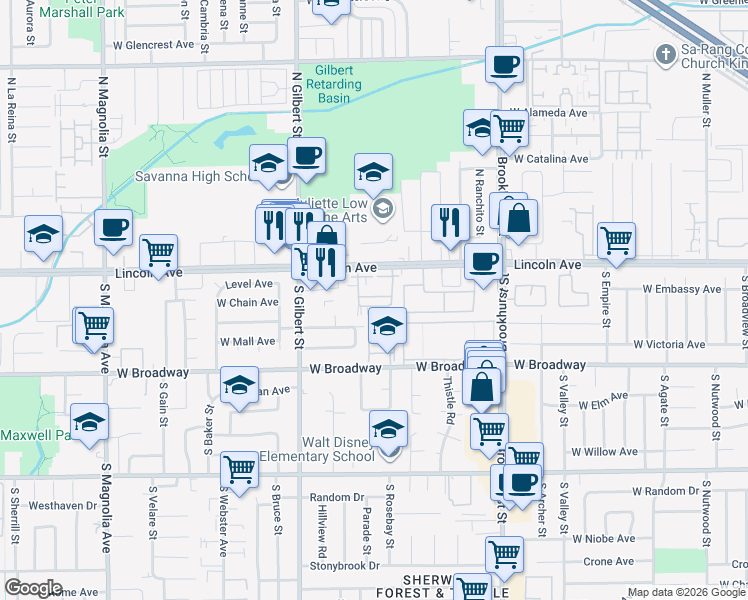 map of restaurants, bars, coffee shops, grocery stores, and more near 2365 West Canopy Lane in Anaheim