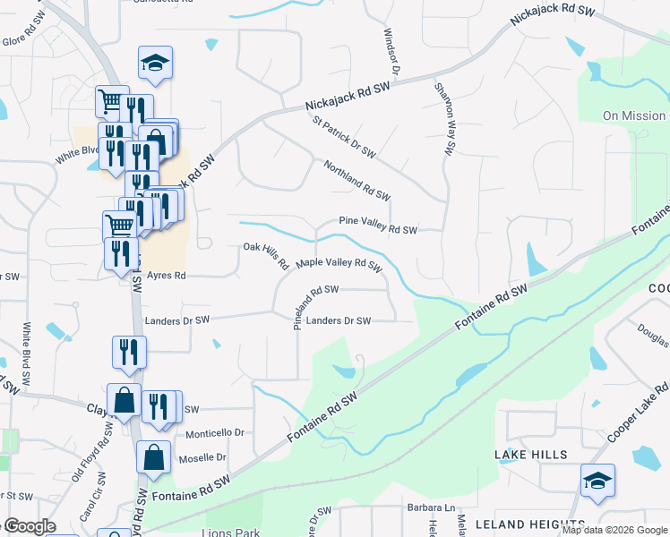 map of restaurants, bars, coffee shops, grocery stores, and more near 5239 Maple Valley Road Southwest in Mableton