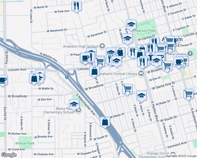 map of restaurants, bars, coffee shops, grocery stores, and more near 203 South West Street in Anaheim