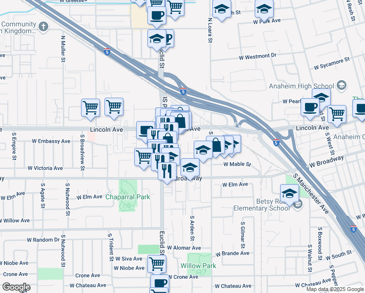 map of restaurants, bars, coffee shops, grocery stores, and more near 1631 West Pampas Lane in Anaheim