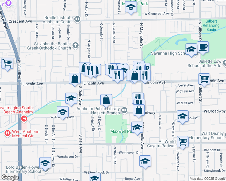 map of restaurants, bars, coffee shops, grocery stores, and more near 2674 West Lincoln Avenue in Anaheim
