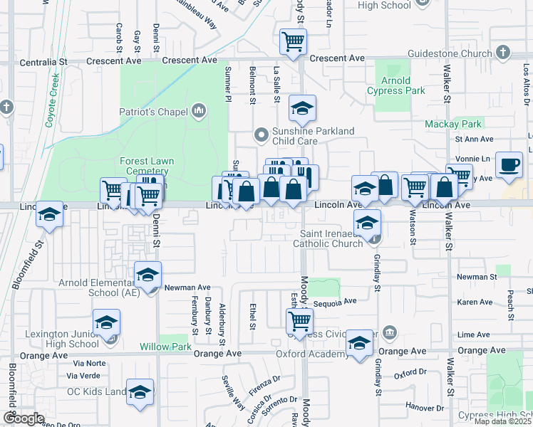 map of restaurants, bars, coffee shops, grocery stores, and more near 4772 Lincoln Avenue in Cypress