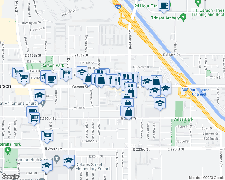map of restaurants, bars, coffee shops, grocery stores, and more near 798 Colorado Circle in Carson