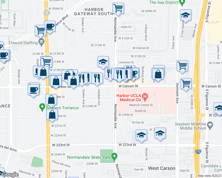 map of restaurants, bars, coffee shops, grocery stores, and more near 1326 West Carson Street in Torrance