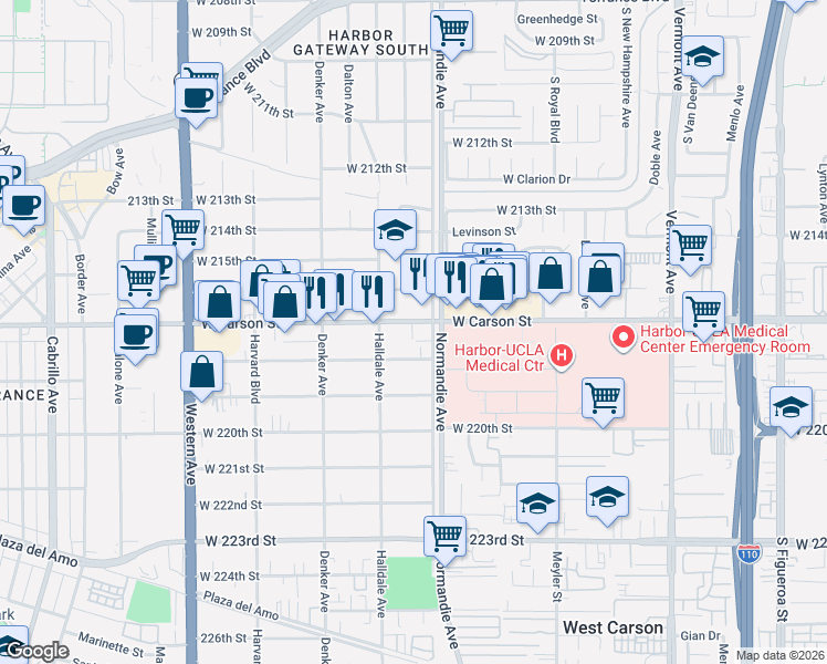 map of restaurants, bars, coffee shops, grocery stores, and more near 1326 West Carson Street in Torrance