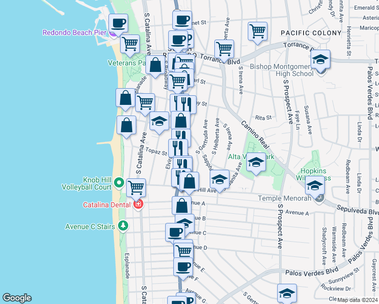 map of restaurants, bars, coffee shops, grocery stores, and more near 624 South Pacific Coast Highway in Redondo Beach