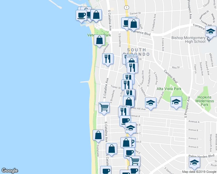 map of restaurants, bars, coffee shops, grocery stores, and more near in Redondo Beach