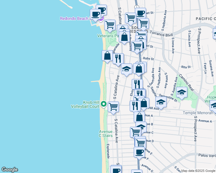 map of restaurants, bars, coffee shops, grocery stores, and more near in Redondo Beach