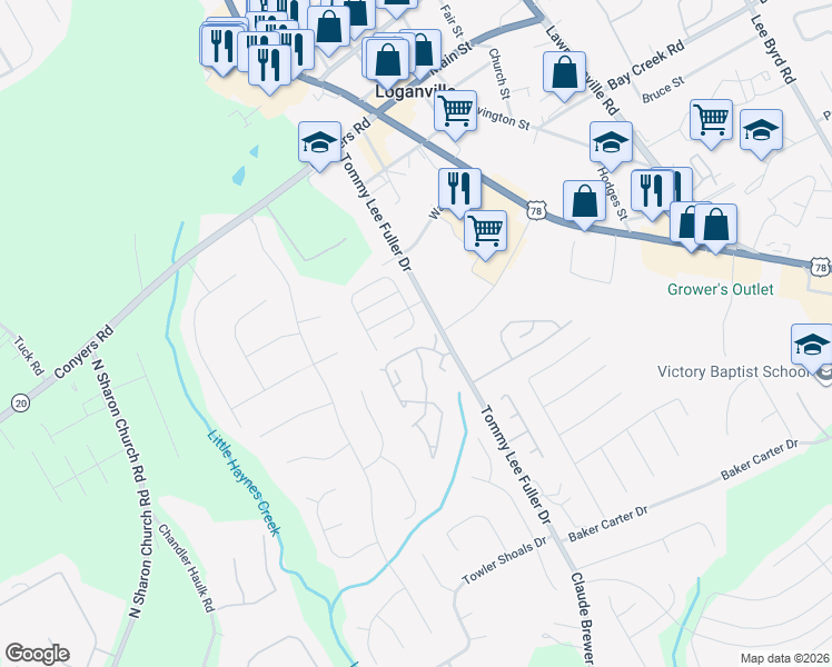map of restaurants, bars, coffee shops, grocery stores, and more near 974 Village View Circle in Loganville