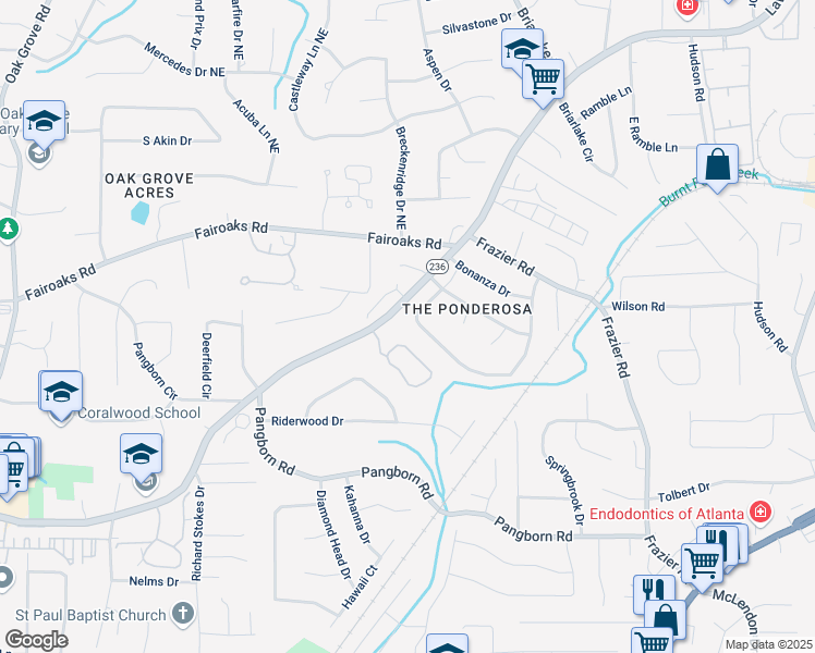 map of restaurants, bars, coffee shops, grocery stores, and more near 2791 Ponderosa Circle in Decatur