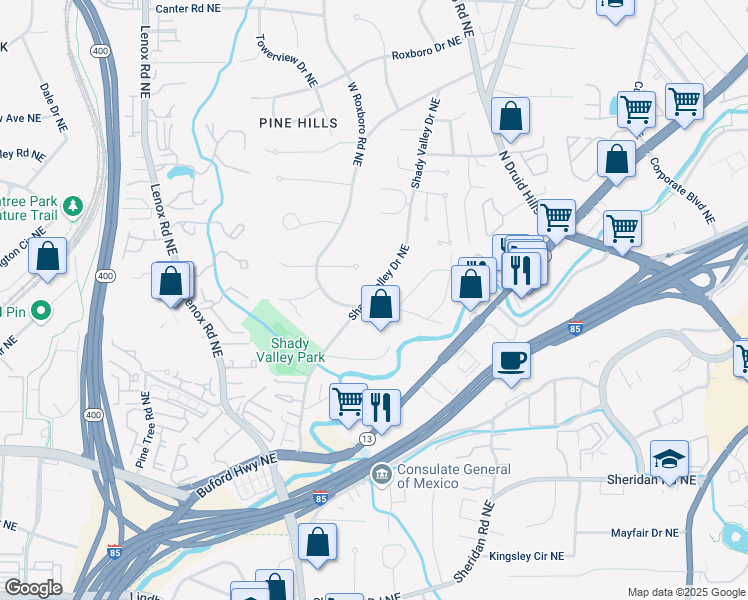 map of restaurants, bars, coffee shops, grocery stores, and more near 2811 Shady Valley Drive Northeast in Atlanta
