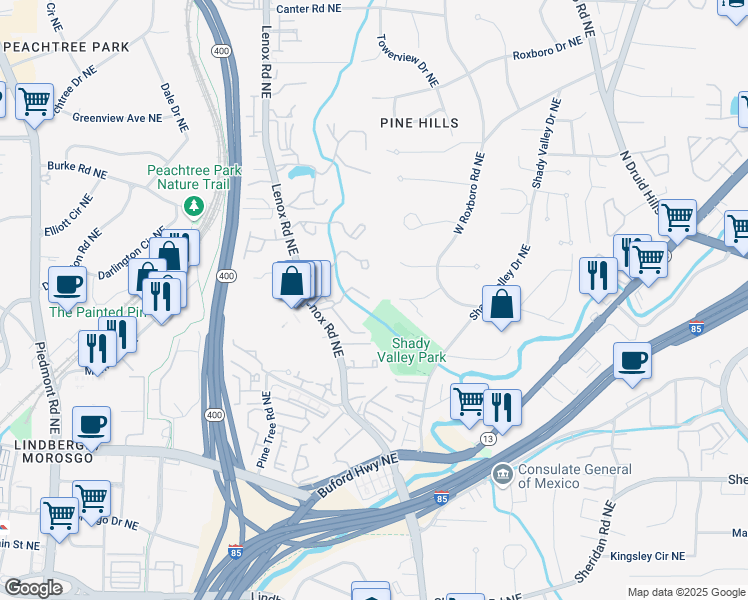 map of restaurants, bars, coffee shops, grocery stores, and more near 9 Brittany Way Northeast in Atlanta