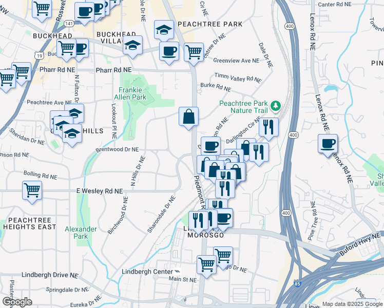 map of restaurants, bars, coffee shops, grocery stores, and more near 2799 Piedmont Road Northeast in Atlanta