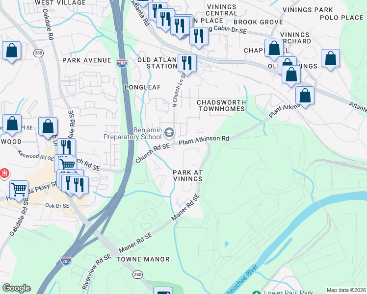 map of restaurants, bars, coffee shops, grocery stores, and more near 5036 Bright Hampton Drive Southeast in Atlanta