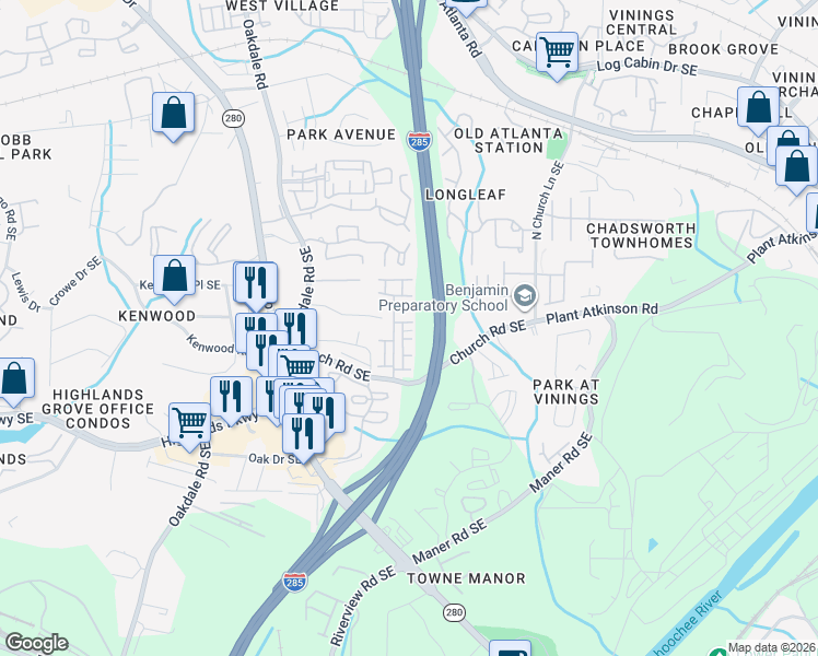 map of restaurants, bars, coffee shops, grocery stores, and more near 2411 Whiteoak Court Southeast in Smyrna