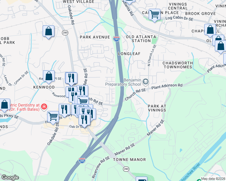 map of restaurants, bars, coffee shops, grocery stores, and more near 2358 Whiteoak Way Southeast in Smyrna