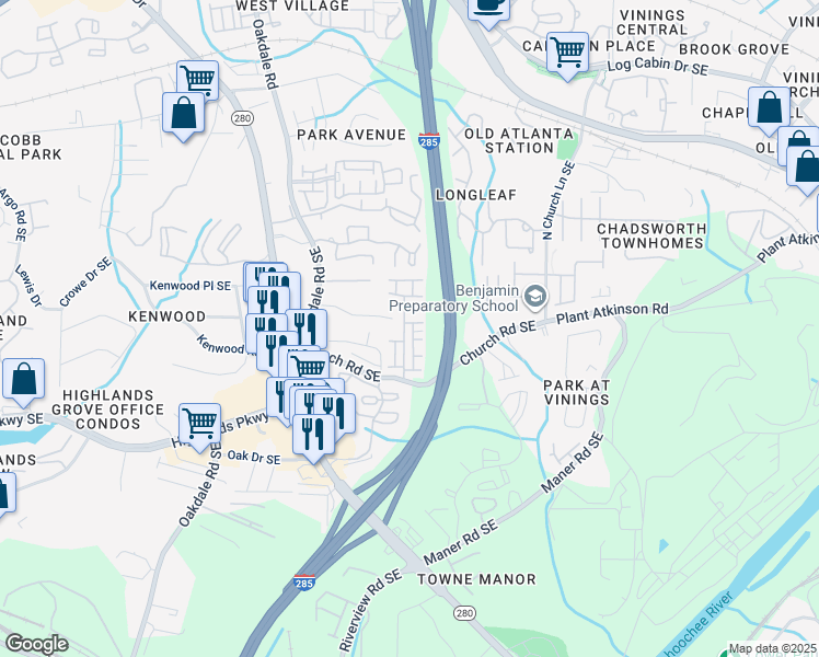 map of restaurants, bars, coffee shops, grocery stores, and more near 2358 Whiteoak Way Southeast in Smyrna