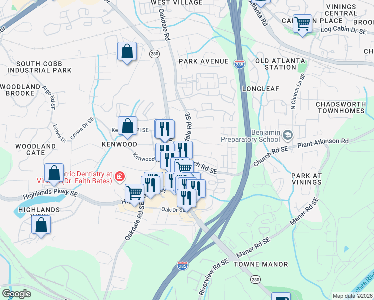 map of restaurants, bars, coffee shops, grocery stores, and more near 5041 South Cobb Drive Southeast in Smyrna