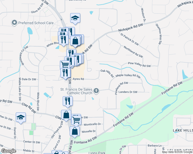 map of restaurants, bars, coffee shops, grocery stores, and more near 580 Ayres Road in Mableton